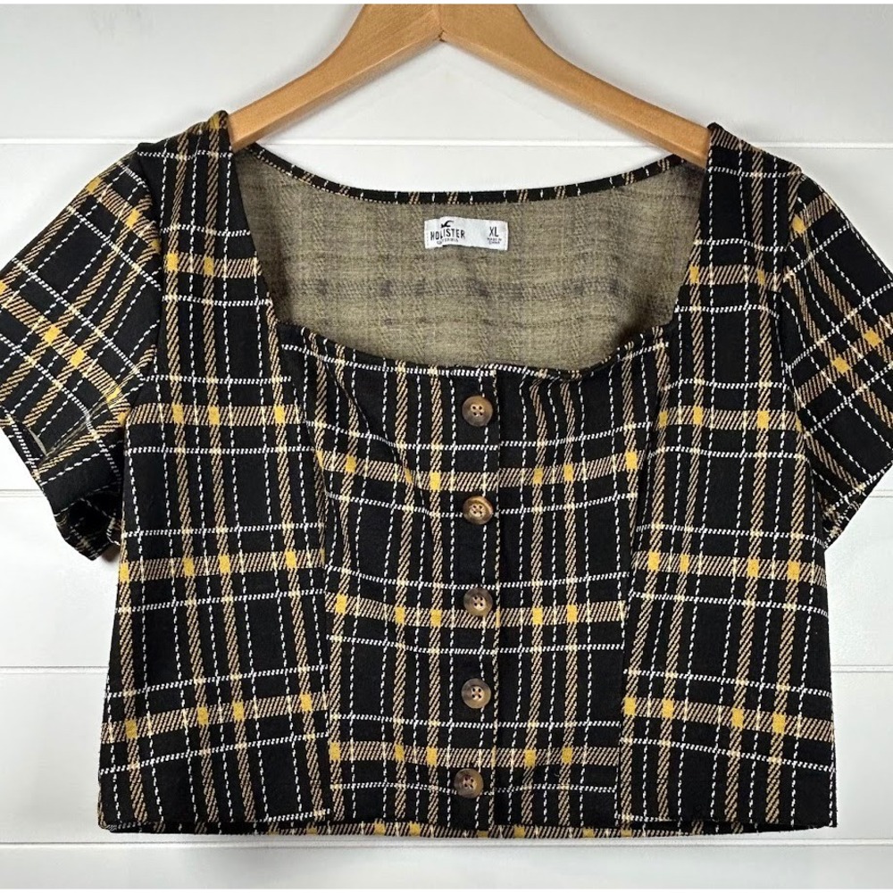 Hollister Crop Top Womens XL Black Yellow Plaid Square‎ Neck Faux Buttons